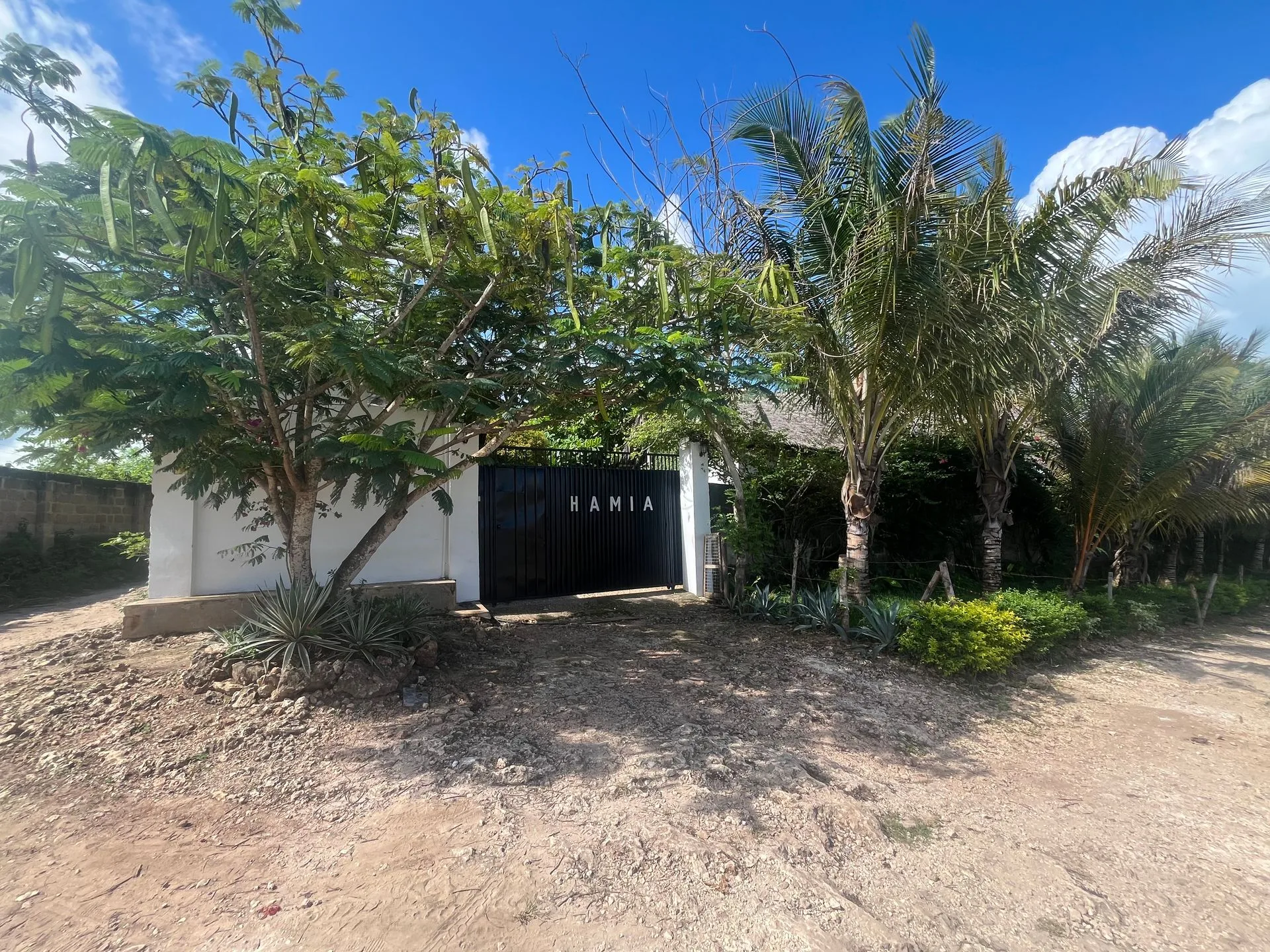 Secure entrance gates to Hamia Zanzibar framed by palms and flowering trees