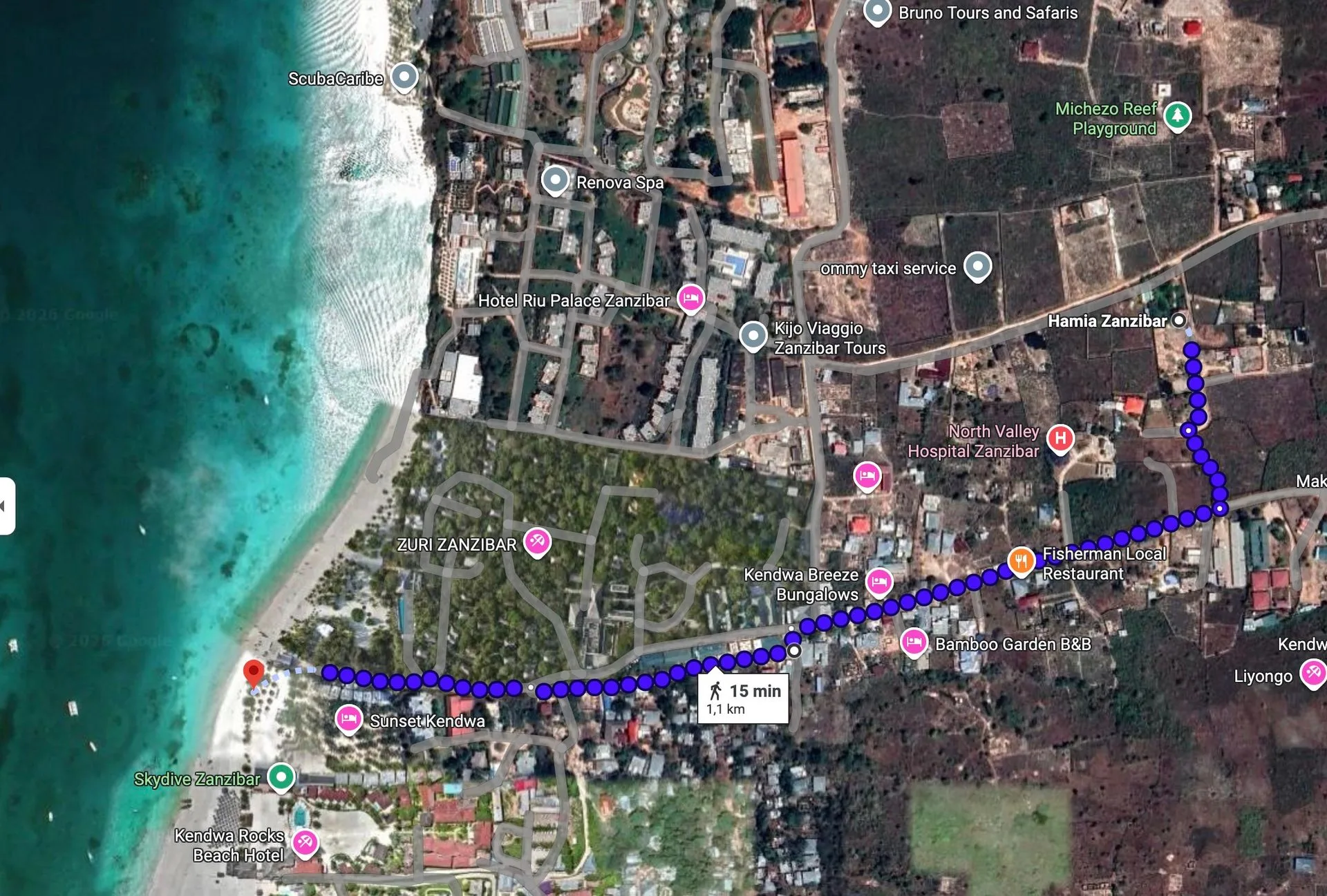 Walking directions from Hamia Zanzibar to Kendwa Beach — 15 min, 1.1 km