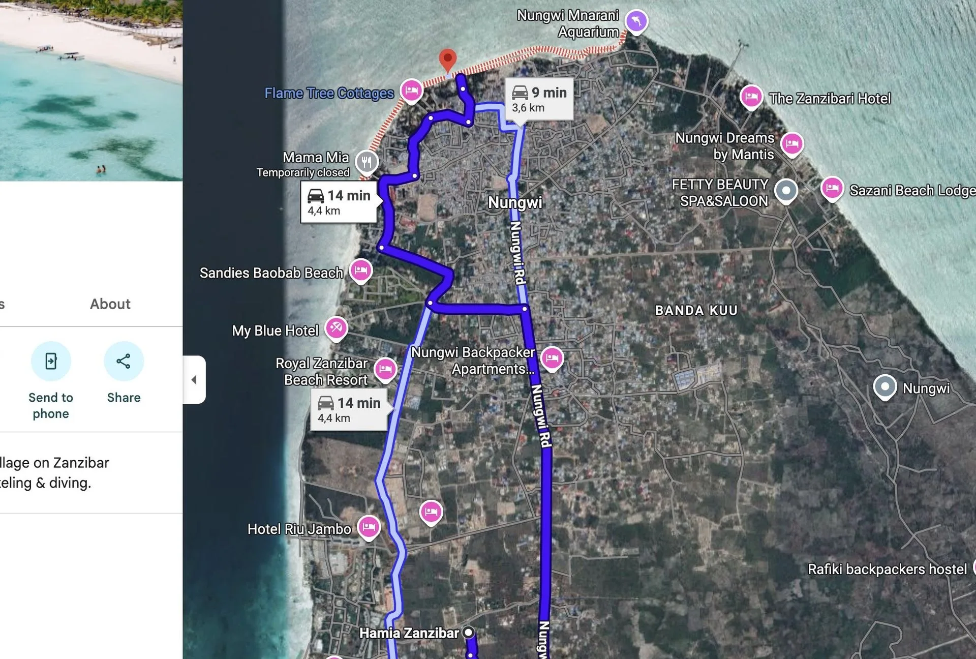 Driving directions from Hamia Zanzibar to Nungwi Beach — 9 min, 3.6 km